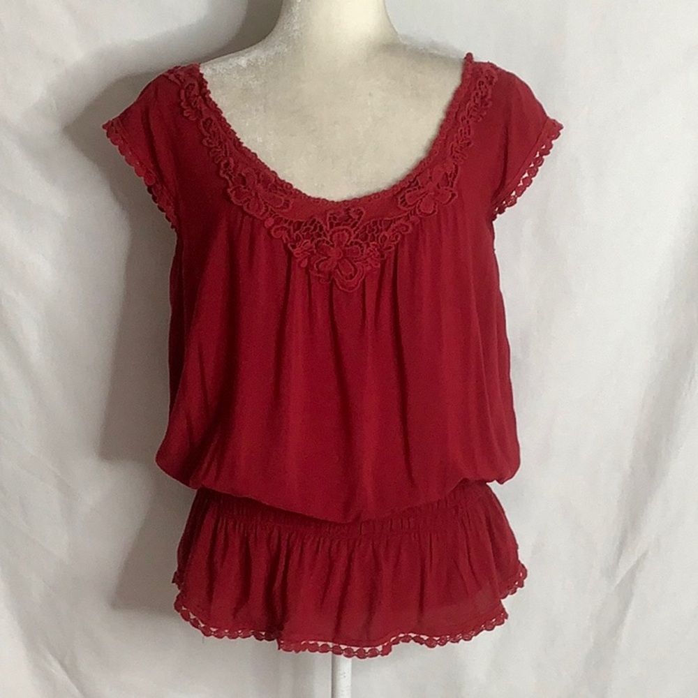 Y.Yenti Paris Vintage Y2K Maroon Crochet Lace Trim Peplum Blouse Size M/L